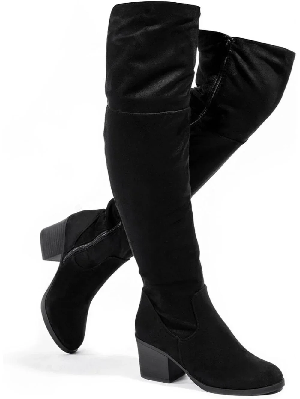 Women's Black Stacked Block Heeled Pointed Toe Side Zipper Thigh High Boots